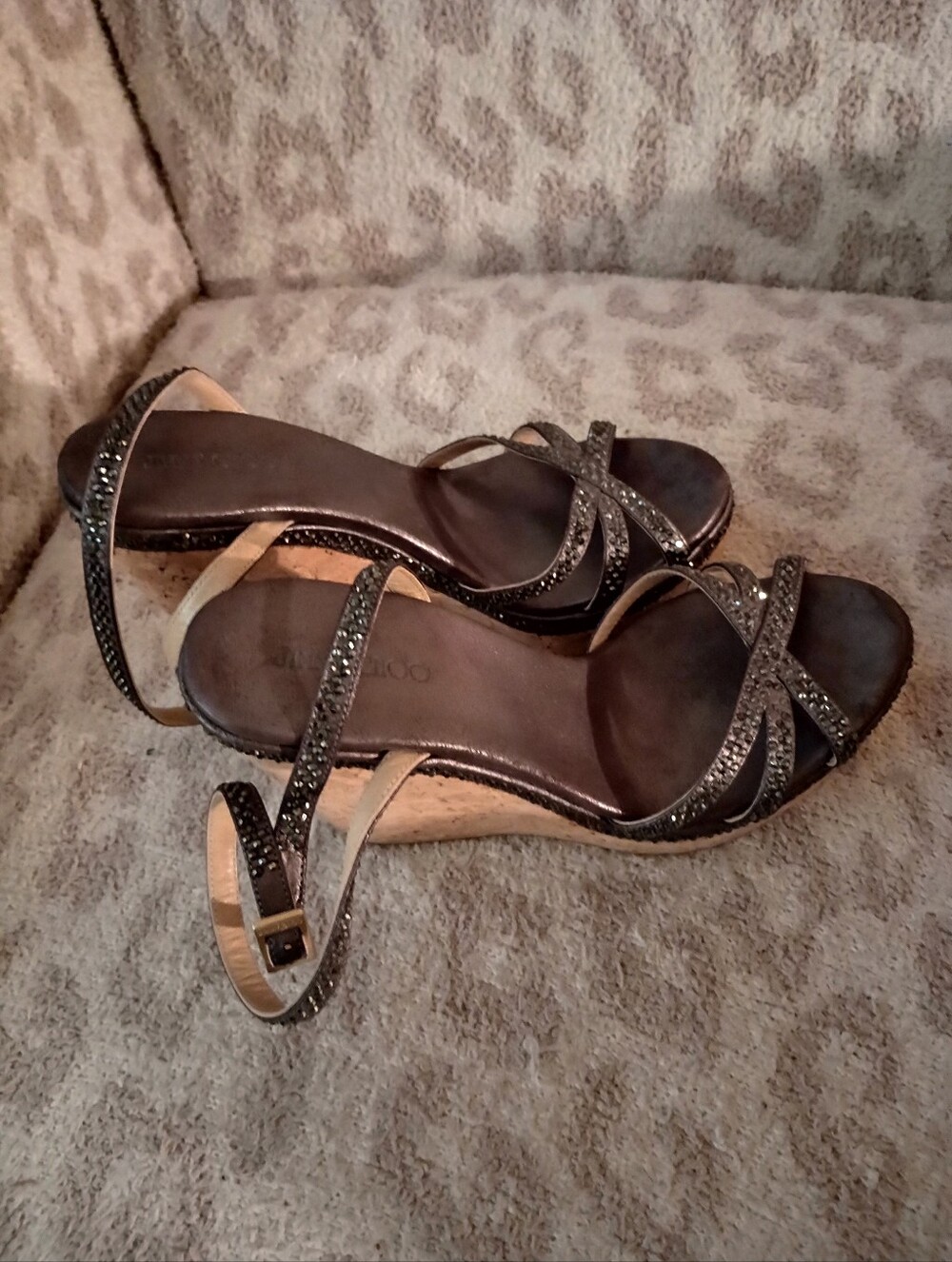 Jimmy Choo Bronze Metallic Crystal Strappy Wedge Sandals - Picture 3 of 9